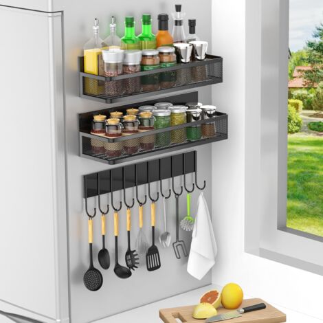 Lot de 3 étagères magnétiques à épices pour réfrigérateur, étagères magnétiques pour organisation et rangement de cuisine, étagères d'assaisonnement mobiles avec 10 crochets, métal et noir