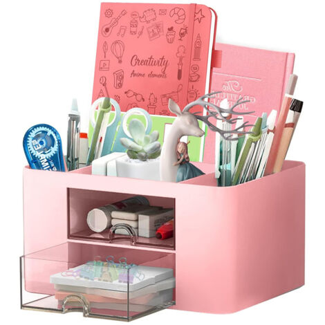 Organisateur de Bureau, Rangement en Plastique avec 5 Compartiments, 2 Tiroirs Coulissants, Organisateur de Maquillage Boîte à Cosmétique pour Maison École Bureau - Rose (1/5)
