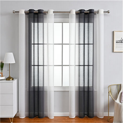 Rideaux Voilage à Rayures, Voilages Intérieurs avec Oeillets, Beaux Voile Rideau Voilage Fenetre Chambre, Lot de 2 Transparent Rideaux Salon - noir 132x213