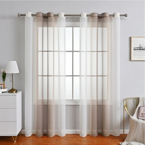 Rideaux Voilage à Rayures, Voilages Intérieurs avec Oeillets, Beaux Voile Rideau Voilage Fenetre Chambre, Lot de 2 Transparent Rideaux Salon - brun 132x213