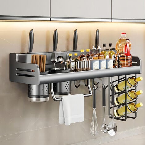 Étagère à épices murale, Support Rangement Ustensiles de Cuisine Mural, sans perçage, avec crochets mobiles et porte-ustensiles, porte-serviettes, porte-couteaux -  40 cm