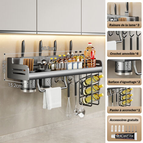 Étagère à épices murale, Support Rangement Ustensiles de Cuisine Mural, sans perçage, avec crochets mobiles et porte-ustensiles, porte-serviettes, porte-couteaux -  40 cm