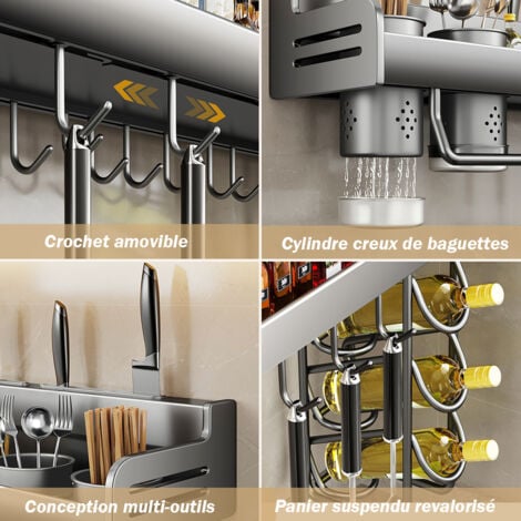 Étagère à épices murale, Support Rangement Ustensiles de Cuisine Mural, sans perçage, avec crochets mobiles et porte-ustensiles, porte-serviettes, porte-couteaux -  40 cm