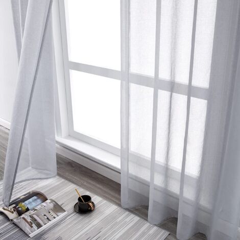 2 Pièce Rideau Voilage Blanc à Oeillet Semi-Transparent en Effet Lin Décorations d'intérieur de Fenêtre de Salon Moderne Chambre Cuisine Balcon Baie Vitrée Léger Romantique - Gris - 140 x 175 cm