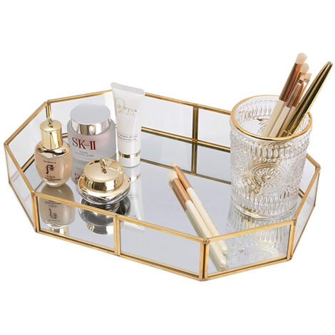 Organisateur de maquillage Plateau en verre doré miroir, Plateau de maquillage - 20x14.2CM