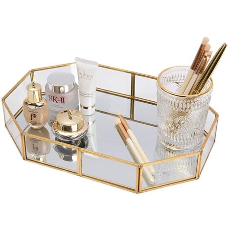 Organisateur de maquillage Plateau en verre doré miroir, Plateau de maquillage - 31.5x21.5CM