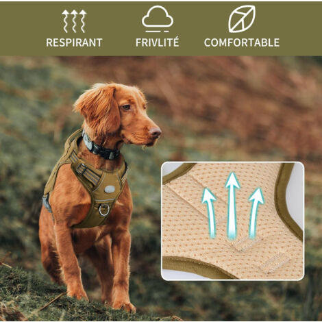 Harnais de Chien Anti Traction, Harnais Tactique Chien Respirant Réglable Facile à Mettre pour Moyen Grand Chien, Gilet Durable Réfléchissant - Brun - XL