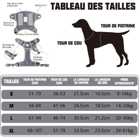 Harnais de Chien Anti Traction, Harnais Tactique Chien Respirant Réglable Facile à Mettre pour Moyen Grand Chien, Gilet Durable Réfléchissant - Gris - S