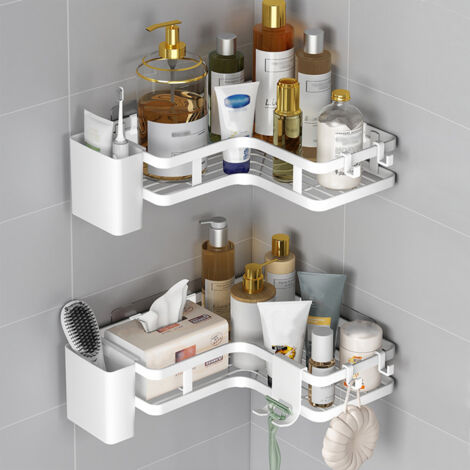 Lot de 2 Etagere Salle de Bain Accessoire, Etagere Douche Sans Percage, 5 Pcs Etagere Salle de Bain Sans Percage, Etagere de Douche Sans Percage for Bathrooms or Kitchens - Blanc (1/5)
