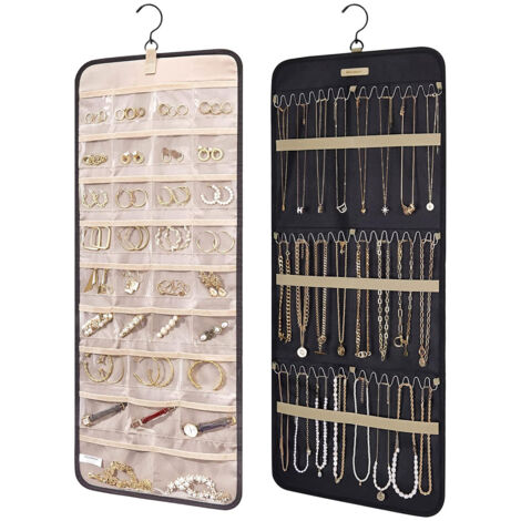 Organisateur de bijoux à suspendre - Rouleau de rangement avec crochet en métal - Double face - Pour boucles d'oreilles, colliers, bagues - Pour armoire, mur, porte - Noir
