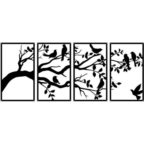 Lot de 4 décorations murales en métal à suspendre en forme d'oiseaux et de branches, feuilles noires avec silhouette d'oiseaux Décor pour chambre, maison, jardin, bureau, 115 x 43 cm