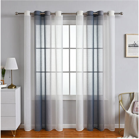 Rideaux Voilage à Rayures, Voilages Intérieurs avec Oeillets, Beaux Voile Rideau Voilage Fenetre Chambre, Lot de 2 Transparent Rideaux Salon - Gris 132x160