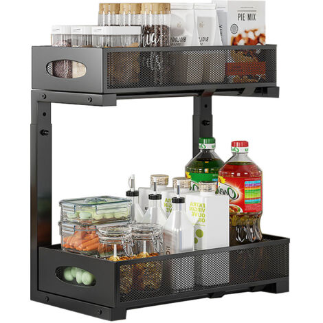 SUMAITech Étagère sous évier en métal à 2 étages - Organiseur de meuble de cuisine - Organiseur extensible - Tiroir de cuisine - Meuble bas de salle de bain - Noir