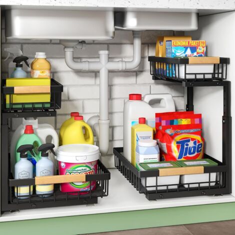 Lot de 2 Métal Rangement sous evier - Hauteur Réglable, 2 niveaux tiroir coulissant cuisine,Rangement et Organisation de Cuisine,rangement sous evier cuisine,Organisateur evier Cuisine