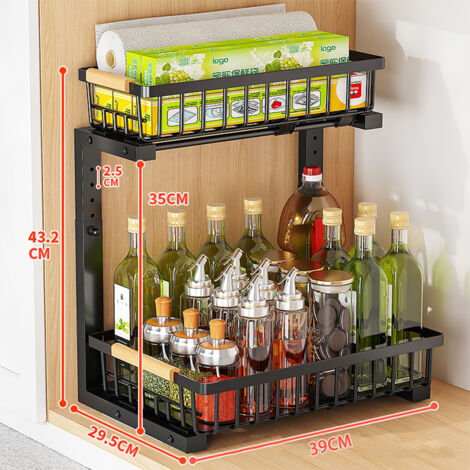 Lot de 2 Métal Rangement sous evier - Hauteur Réglable, 2 niveaux tiroir coulissant cuisine,Rangement et Organisation de Cuisine,rangement sous evier cuisine,Organisateur evier Cuisine
