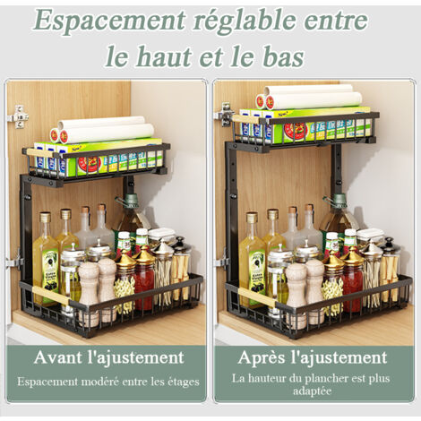 Lot de 2 Métal Rangement sous evier - Hauteur Réglable, 2 niveaux tiroir coulissant cuisine,Rangement et Organisation de Cuisine,rangement sous evier cuisine,Organisateur evier Cuisine