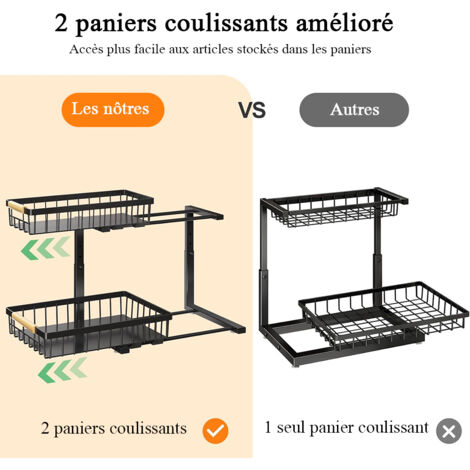 Lot de 2 Métal Rangement sous evier - Hauteur Réglable, 2 niveaux tiroir coulissant cuisine,Rangement et Organisation de Cuisine,rangement sous evier cuisine,Organisateur evier Cuisine