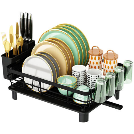 Egouttoir Vaisselle sur Evier Égouttoir à Vaisselle Noir Egouttoir Vaisselle en Metal Dish Rack avec Plateau Dish Drainer avec Porte Couverts et Porte Tasse
