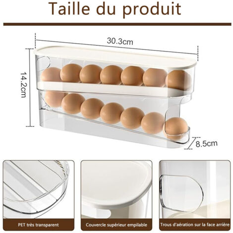 Distributeur D'Œufs à Roulettes Transparent 2 Niveaux - Organisateur Réfrigérateur Jusqu'à 14 Œufs