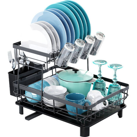 Egoutoire Vaisselle Cuisine, Égouttoir Vaisselle en Acier Inoxydable avec Porte-Gobelets et Porte-Ustensiles, Noir Séchoir à Vaisselle Rangement Vaisselle avec Vidange Automatique