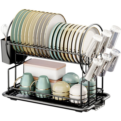 Egoutoire Vaisselle Cuisine 2 Niveaux, Égouttoir Vaisselle en Acier Inoxydable avec Porte-Gobelets et Porte-Ustensiles, Grande Noir Séchoir à Vaisselle Rangement Vaisselle avec Vidange Automatique