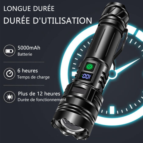 Lampe Torche LED Rechargeable 1500 Lumens - Zoomable, 5 Modes, écran LCD, Base Magnétique, IPX4