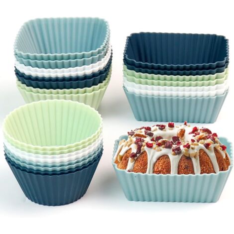 Moules à muffins en silicone Réutilisables Moules - 24 pièces Moules à cupcakes Trois modèles Rectangle,Carré,Cercle,Sans BPA Moules à gâteaux en silicone pour gâteaux,crème et pudding (1/5)