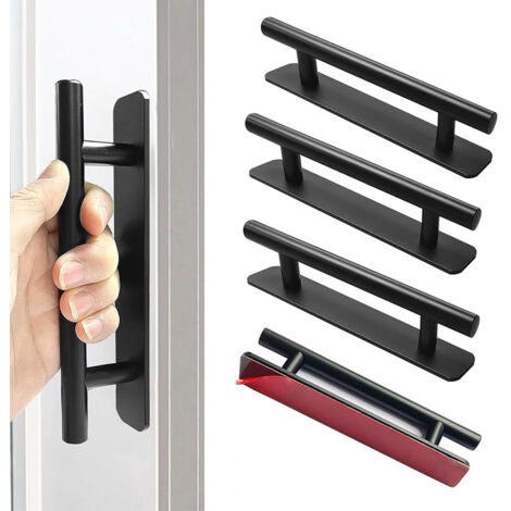 4 Pièces Poignée de Meuble Autocollante, Poignée Porte Coulissante en Acier Inoxydable sans Perçage, Poignées pour Placard Cuisine Frigo Tiroir Porte Coulissante, 150mm - Noir (1/5)
