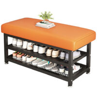Sinbinta – Banc de rangement à chaussures 3 niveaux – Métal robuste – 80 x 31 x 49 cm – Orange – Conception anti-rayures et pieds réglables