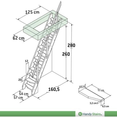 Escalier de meunier peu encombrant MGS55 avec main courante  55 cm de large  Hauteur 280 cm