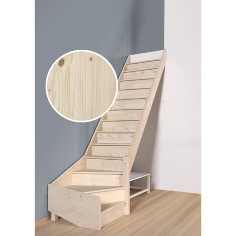 HandyStairs escalier quart tournant fermé  "Vega80" - Droite - 13 marches en pin - Sans main courante