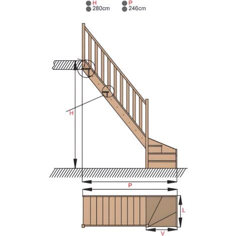 HandyStairs escalier quart tournant fermé  "Vega80" - Droite - 13 marches en pin - Sans main courante
