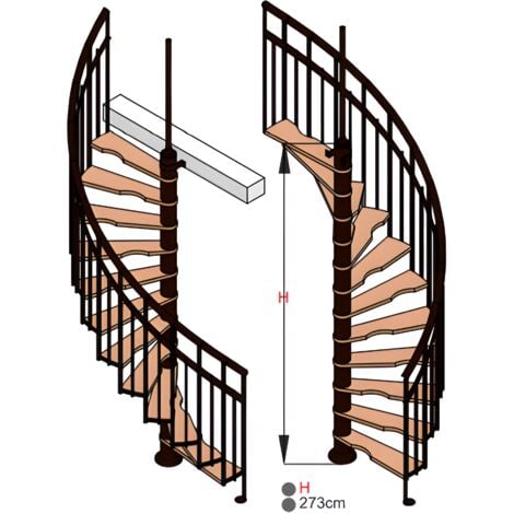 HandyStairs escalier colimaçon "Siena" - Ø 145 cm - Charnière à droite - Hauteur 273 cm - 12 marches en hêtre - Noir