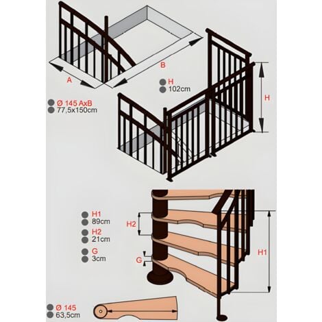 HandyStairs escalier colimaçon "Siena" - Ø 145 cm - Charnière à droite - Hauteur 273 cm - 12 marches en hêtre - Noir
