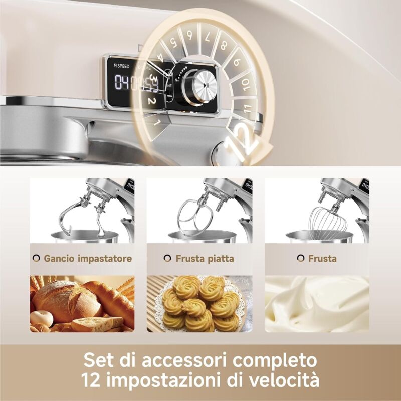 Dreame MX60 - Impastatrice Planetaria A Doppio Gancio, Motore 800W Silenzioso, Ciotola In Metallo 6L, Display Digitale, 12 Velocità