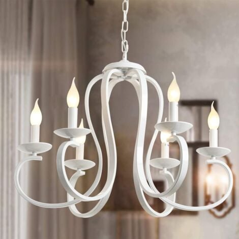 Ganeed Candelabro de campo francés, candelabros de velas blancas de 6 luces, candelabro colgante de metal vintage, iluminación colgante de techo para mesa de comedor, cocina con isla, sala de estar