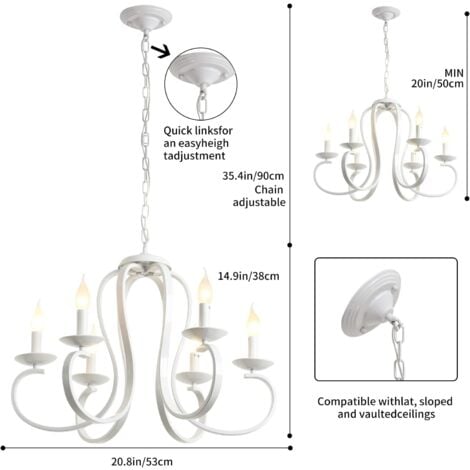 Ganeed Candelabro de campo francés, candelabros de velas blancas de 6 luces, candelabro colgante de metal vintage, iluminación colgante de techo para mesa de comedor, cocina con isla, sala de estar