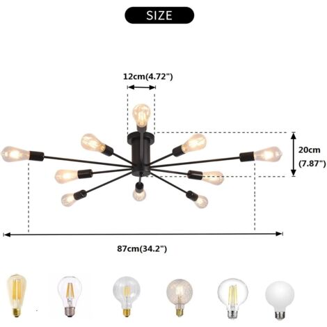 Ganeed Lámpara de techo de araña semienrasada, lámpara de techo de araña negra moderna E27 E27 lámpara de techo industrial Luz colgante para cocina comedor Sala de estar Dormitorio