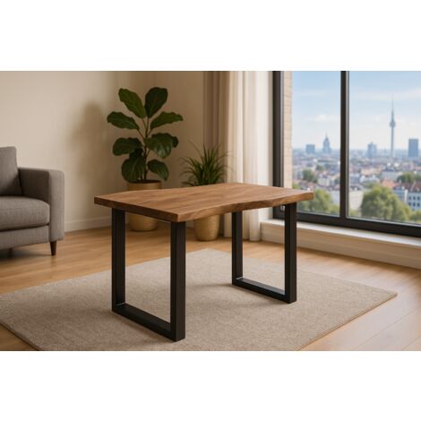 Esstisch Baumkante massiv Akazie stonefarben 160 x 85 cm schwarz LAURINA (1/5)