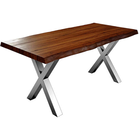 Esstisch Baumkante massiv Akazie nussbaumfarben 180 x 90 silber X-Gestell XEREZ (1/5)