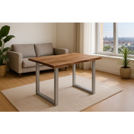 Esstisch Baumkante massiv Akazie stonefarben 140 x 80 cm silber LAURINA (1/5)