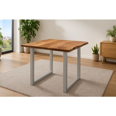 Esstisch Baumkante massiv Akazie nougatfarben 80 x 80 cm silber LAURINA (1/5)