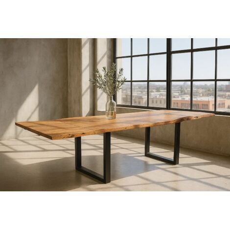 Esstisch Baumkante Akazie stone 140 (220) x 90 cm mit Ansteckplatten BARCELONA