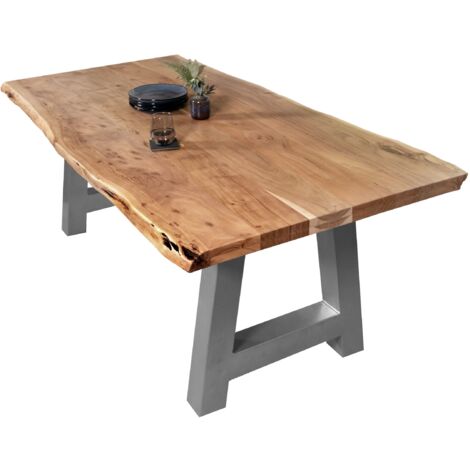 Esstisch Baumkante massiv Akazie Natur 200 x 100 A-Gestell silber CALI