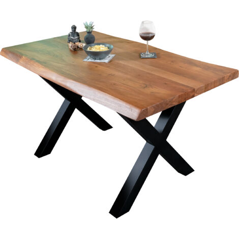 Esstisch Baumkante massiv Akazie Nussbaum 160 x 85 X-Gestell schwarz CALI
