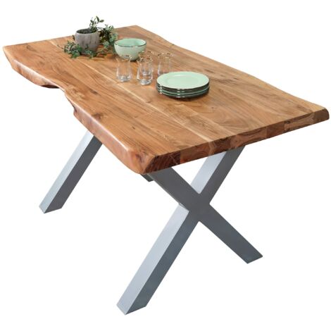 Esstisch Baumkante massiv Akazie Natur 180 x 90 X-Gestell silber CALI