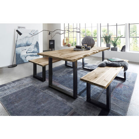 Essgruppe 140 cm Akazie naturfarben U-Gestell schwarz mit 2 Bänken QUINN (1/5)