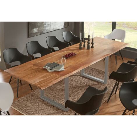 Esstisch Baumkante Akazie natur 200(300)x100 Ansteckplatten silber ADINA