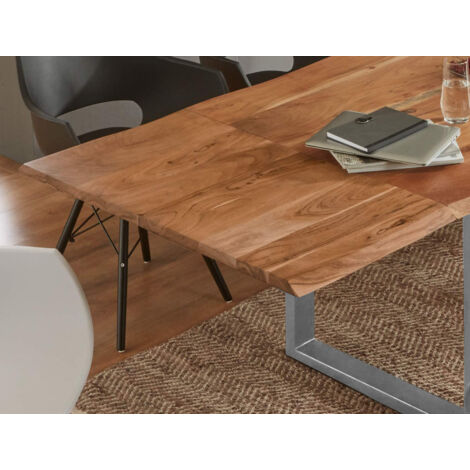 Esstisch Baumkante Akazie natur 200(300)x100 Ansteckplatten silber ADINA