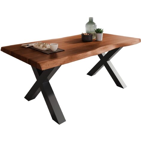 Esstisch Baumkante massiv Akazie Nuss 180 x 90 X-Gestell schwarz ATLAS (1/5)